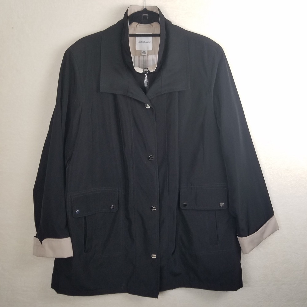 Crofts & Barrow Womens XL Black‎ Beige Trimmed Full Zip Jacket Lightweight